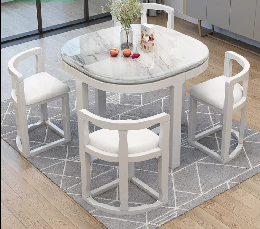 

Marble round dining table and chair combination household solid wood dining table and rice simple modern small apartment invisib