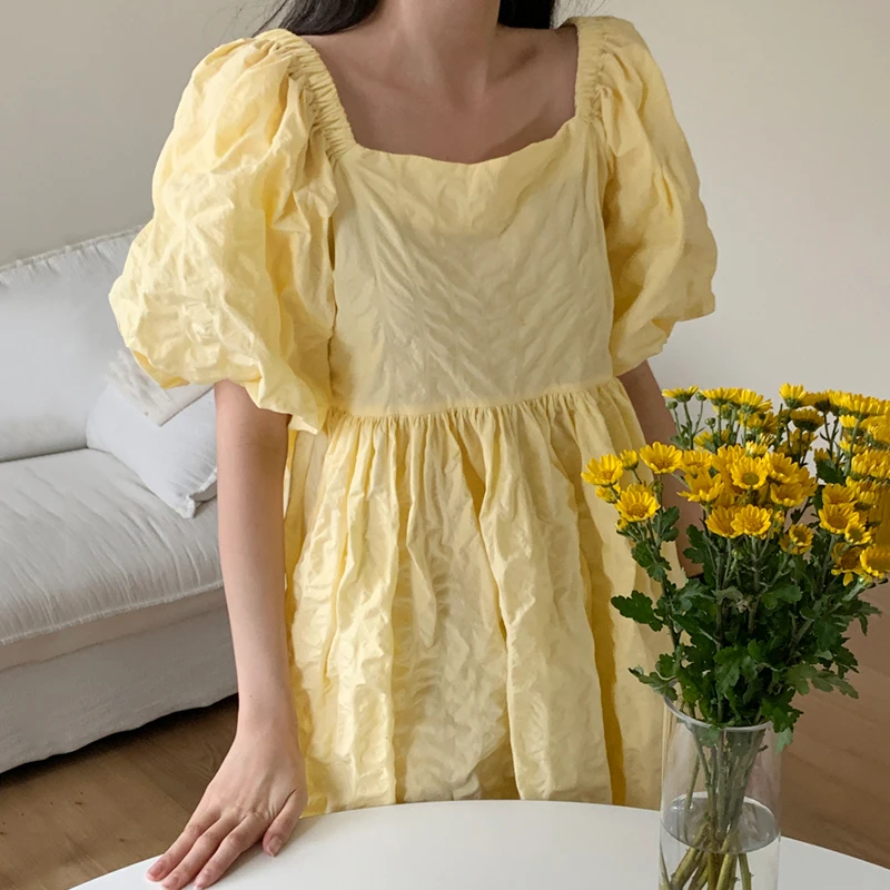 

Kimotimo Woman Dress Korean Chic Fashion Age Reduction Square Collar Folds Design Summer Loose Lantern Sleeve Mini Doll Dresses