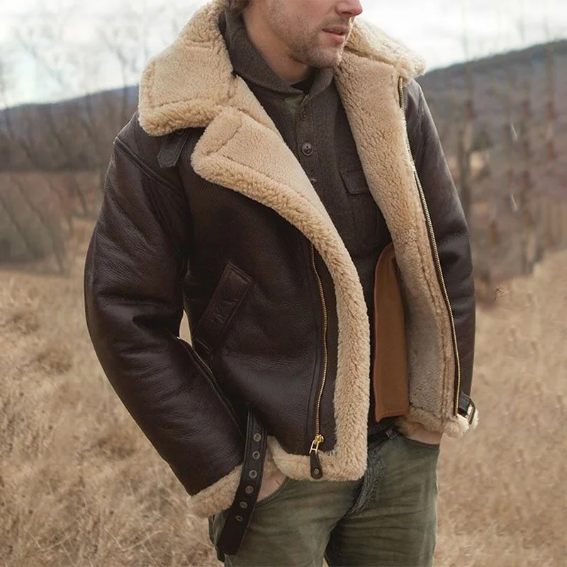Flight Jacket Men Fur Collar Leather Jacket Men Brown Vintage Lambs Wool Male Winter Thicken Warm Fleece Bomber Jacket Parkas