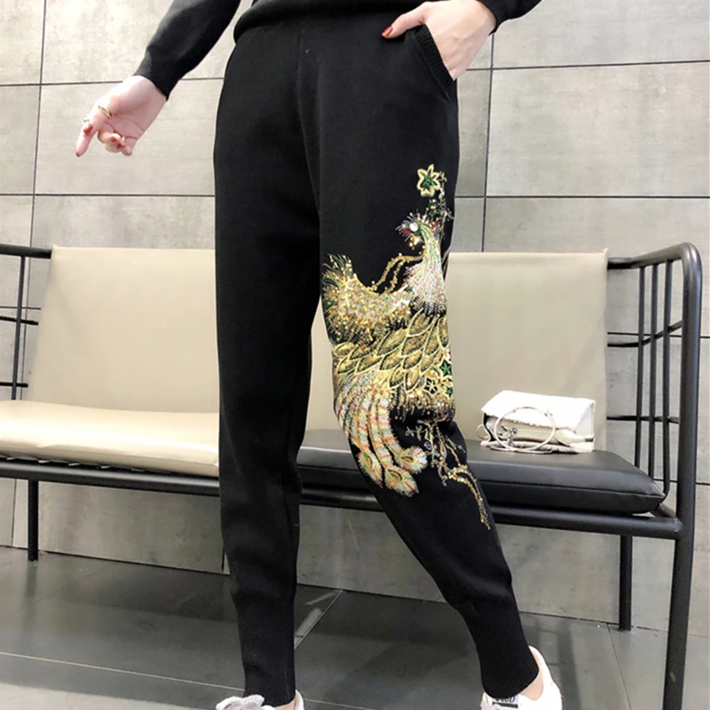 Winter New Peacock Bead Embroidery Set Women Knitted Sweater Warm Tracksuits Female Casual Knitted Slim Harem Pants Vintage Suit enlarge