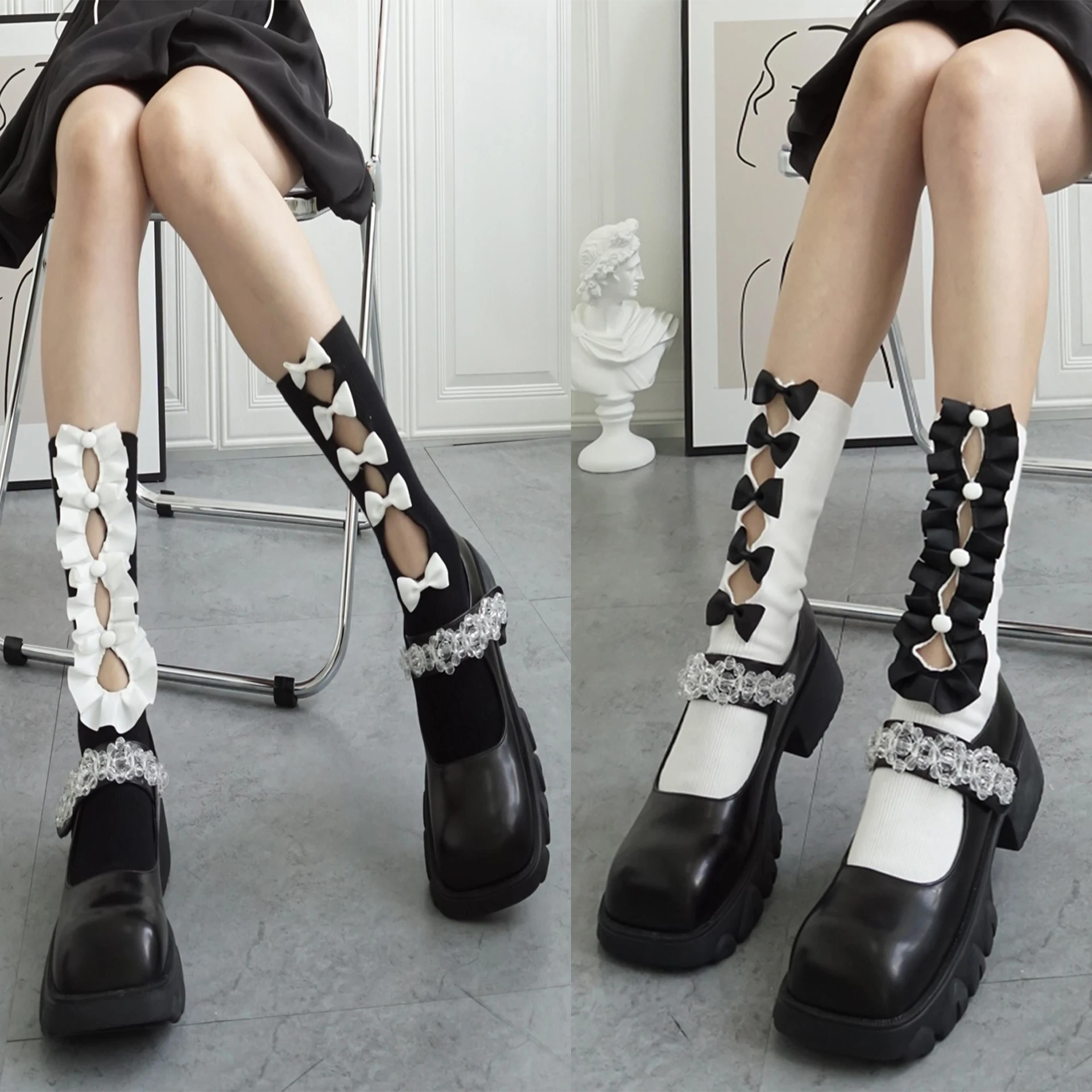 

Осенне-зимние модные носки до середины икры для девочек Асимметричные Складные Полые Носки с бантом AB готические высокие носки Модные хлоп...