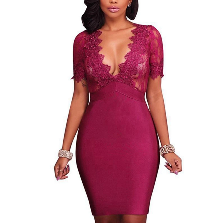Черное винно Красное Кружевное облегающее платье Прозрачное футляр с глубоким V