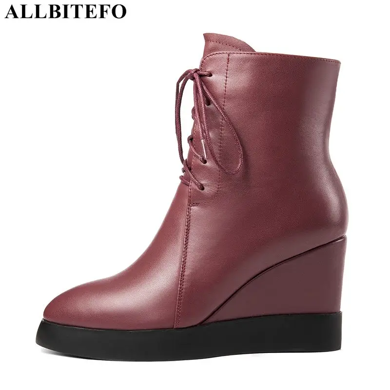 

ALLBITEFO new arrive genuine leather wedges heels platform women boots winter snow ankle boots for women high heels women heels