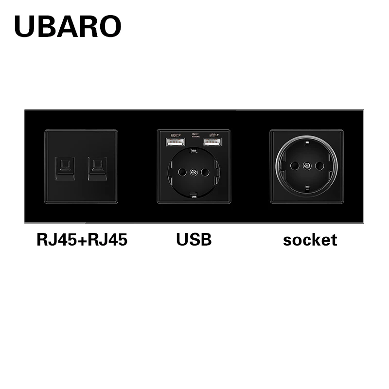 

UBARO 258*86mm EU DE Standard Tempered Glass Panel Wall Socket Combination RJ45 RJ11 TV Usb 5V 2100mA Home Outlet Ac110-250V 16A