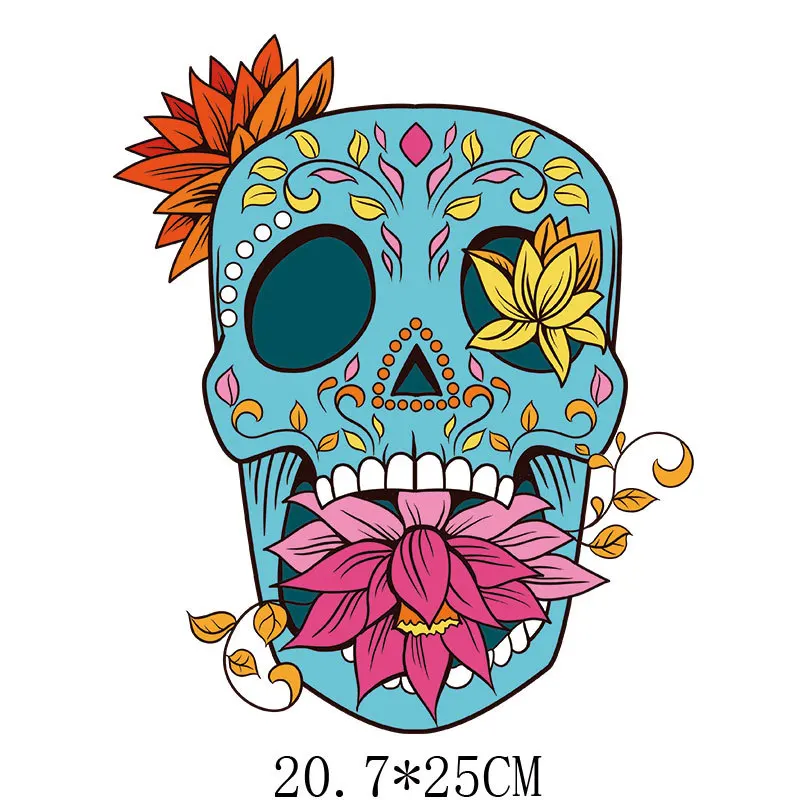 

20.7x25cm Colorful Flower Skull Iron On Patches For DIY Heat Transfer Clothes T-Shirt Thermal Stickers Decoration Printing