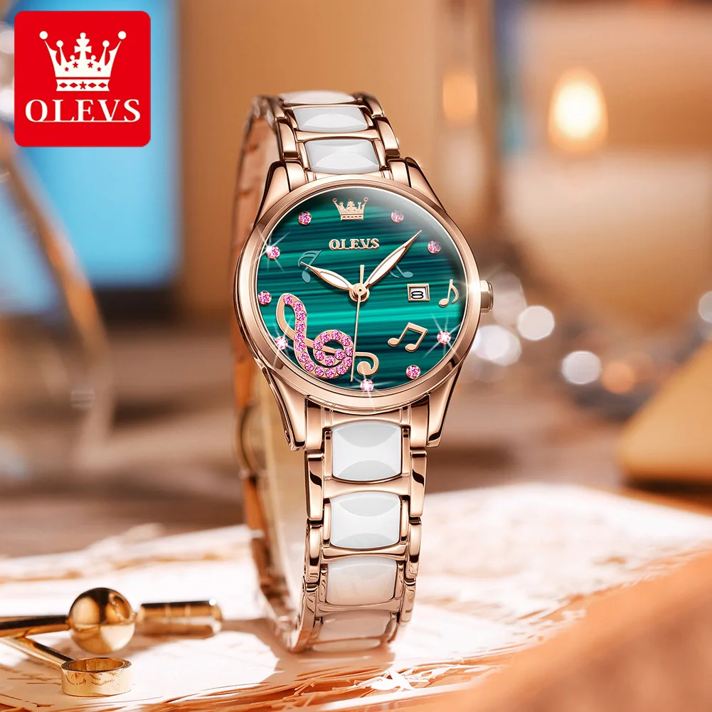 OLEVS Designer Auto Date Quartz Watches Women Luxury Top Brand Ceramic Stainless Steel Diamond Music Ladies Wrist Watch