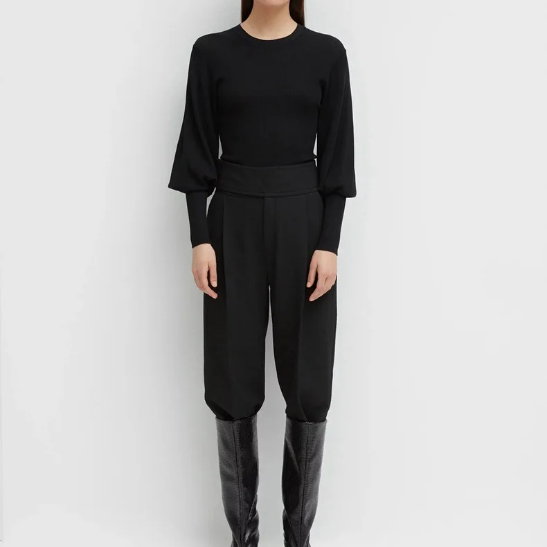 Black Vignola knitted Top Round Neck Long wide sleeves exaggerated cuffs fitted body Fashion Jumper 2020 NEW WOMAN | Женская одежда
