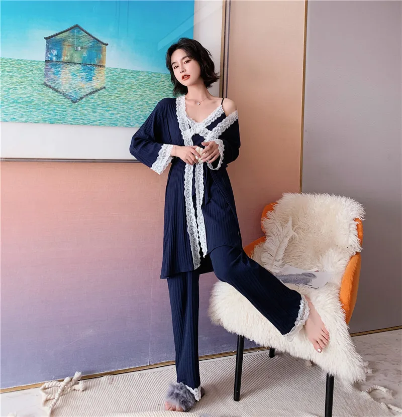 3 Pcs Winter New Long Sleeve Pure Cotton Pajama Set Lace Sexy V Lead Spaghetti Strap With Belt Cardigan Bathrobe | Женская одежда