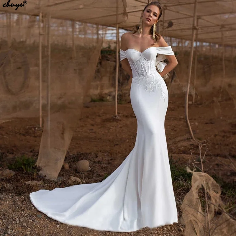

Beach Mermaid Bridal Dresses 2021 Sweetheart Off The Shoulder Bow Lace Up Appliques Sweep Train Stain New Style Sheath Elegant