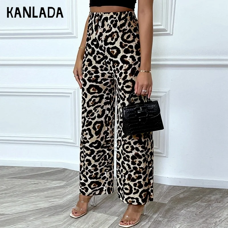 

2021 Autumn New Leopard Print Casual Trousers Elastic Waist Loose Wide-leg Pants European and American Women's Printed Leggings