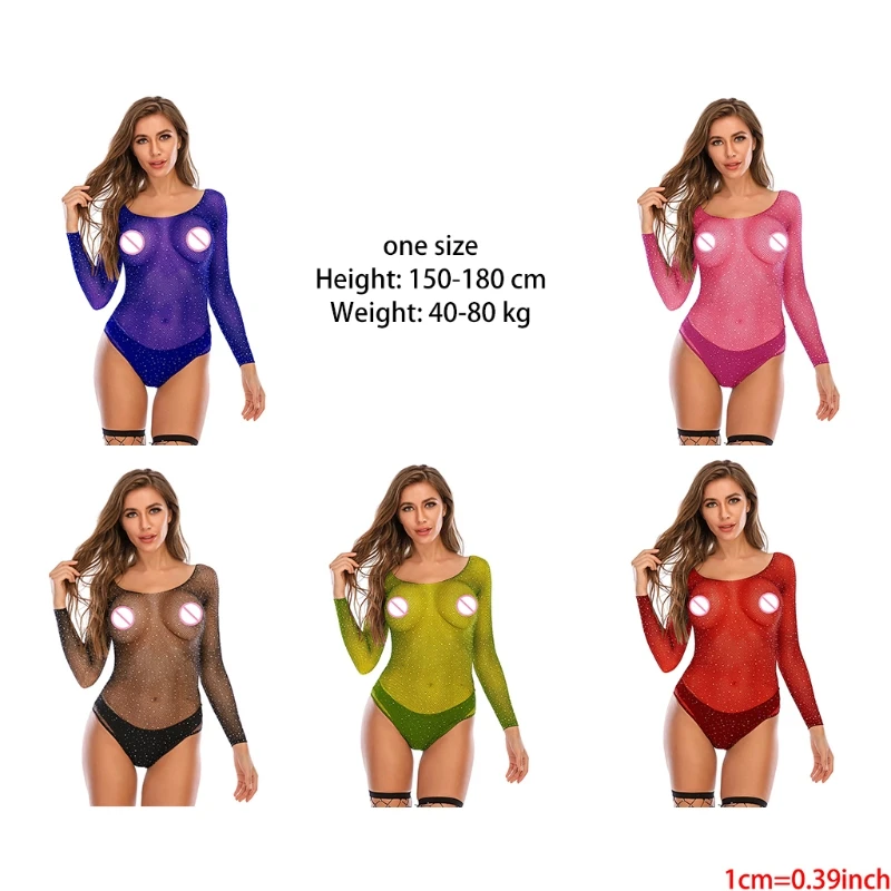 

Women's Sexy Long Sleeve Rhinestone Fishnet Thong Back Bodysuit