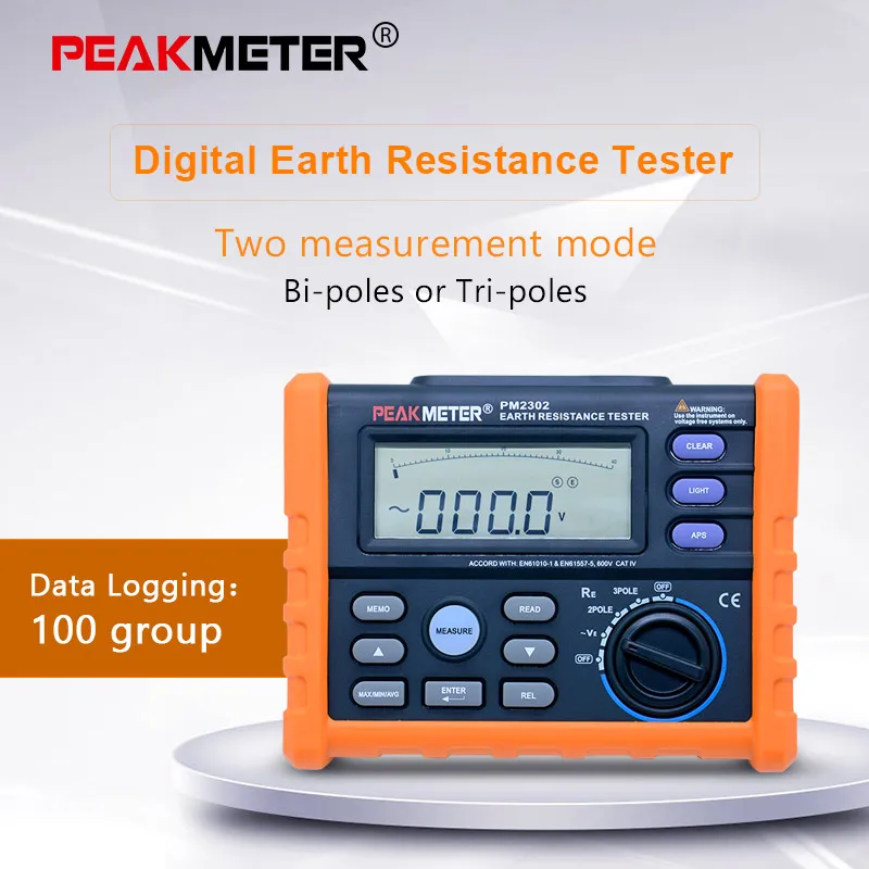 

Цифровой тестер сопротивления заземления PEAKMETER PM2302, цифровой дисплей и аналоговые полосы, максимальное/минимальное значение, функции измер...