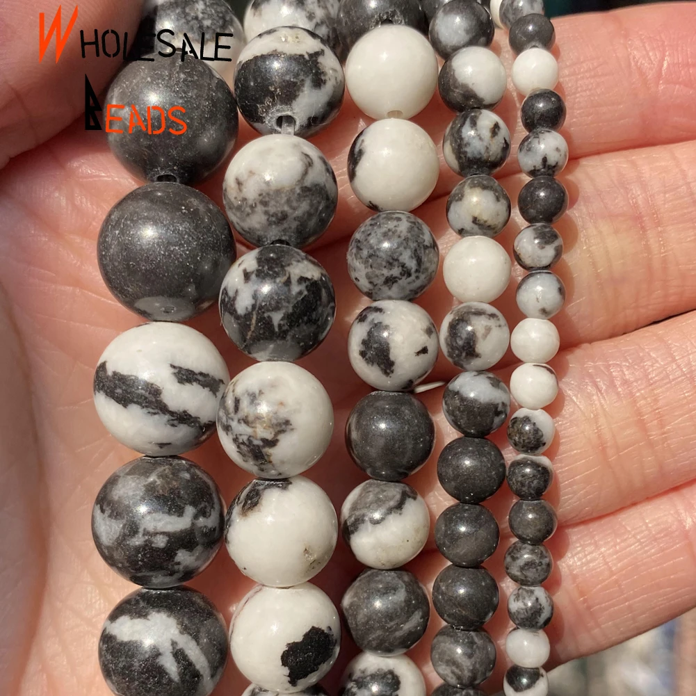 

Круглые бусины из натурального белого черного камня зебры, яшмы для рукоделия, изготовления ювелирных изделий, 4-12 мм, свободные бусины, Брас...