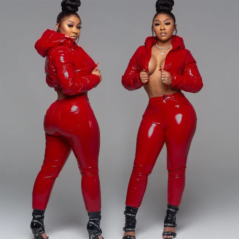 

Two Piece Set Women Winter Pu Bubble Puffer Warm Long Sleeve Jacket Zipper Casual Pencil Pants Slim Two Piece Warm Outfits