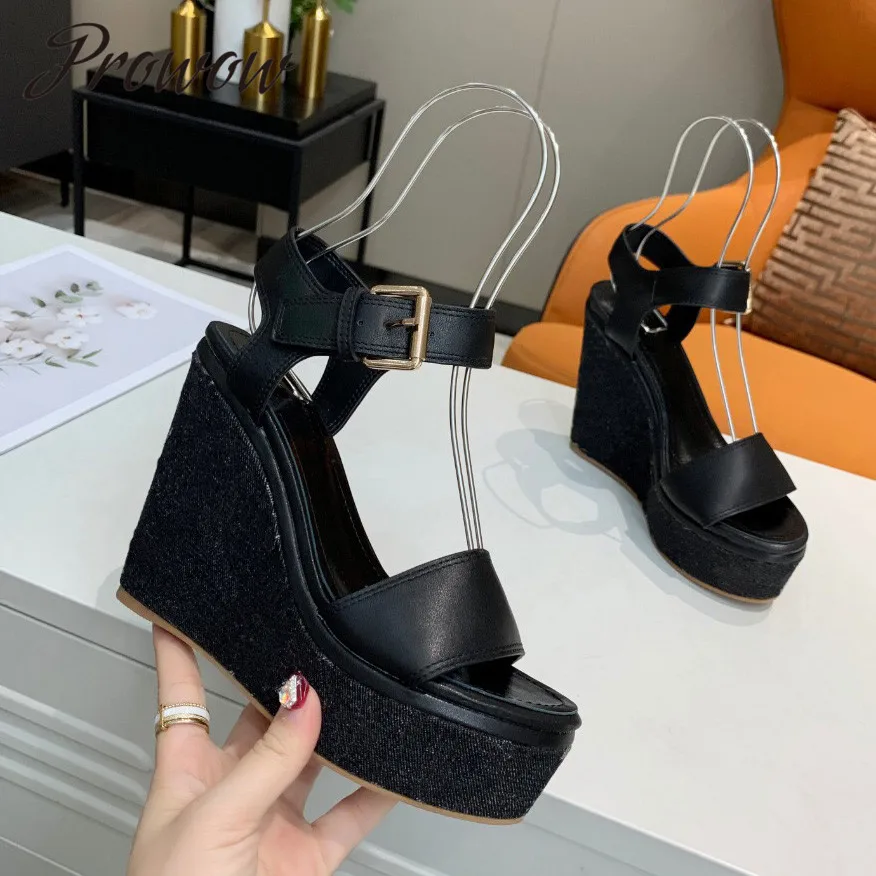 

Prowow New Spring Summer Denim Jeans Platform Sandals Luxury Brand Wedges Shoes Women