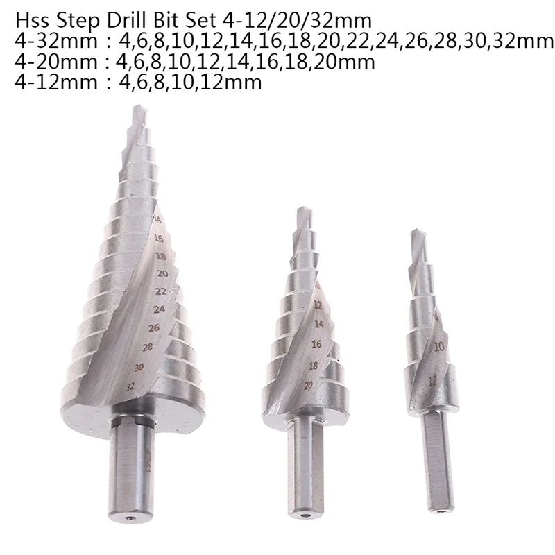 

Hss Step Drill Bit Set 4-12/20/32mm 1/4" Titanium Coated Hex Core Drill Bits