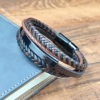 multilayer style custom name handmade leather buckle mixed weaving stainless steel mens bracelet magnet big promotion gift