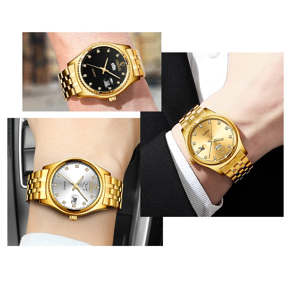 

CHENXI Men Watches Luxury Golden Couple Quartz Watches Waterproof Calendar Week Design Analog Wristwatches Lovers Gifts
