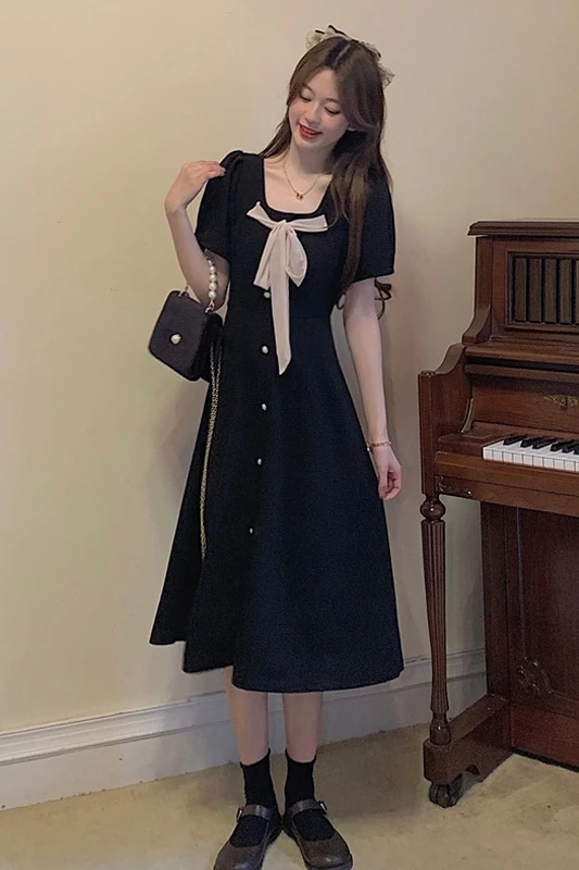 

COIGARSAM French Style Women dress Bow Panelled Square Collar Dresses Black 36868