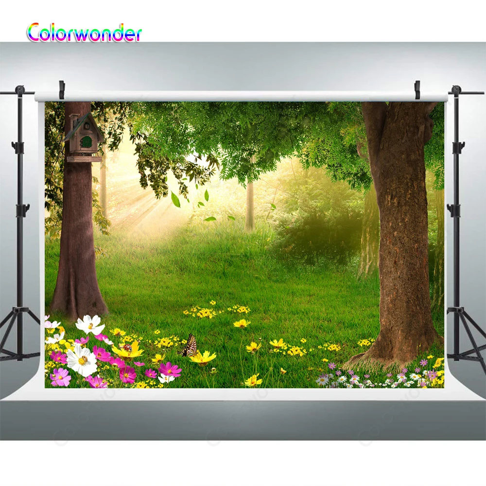 Весенний лес цветы фотостудия фон бабочка солнечный свет Сказочная страна чудес