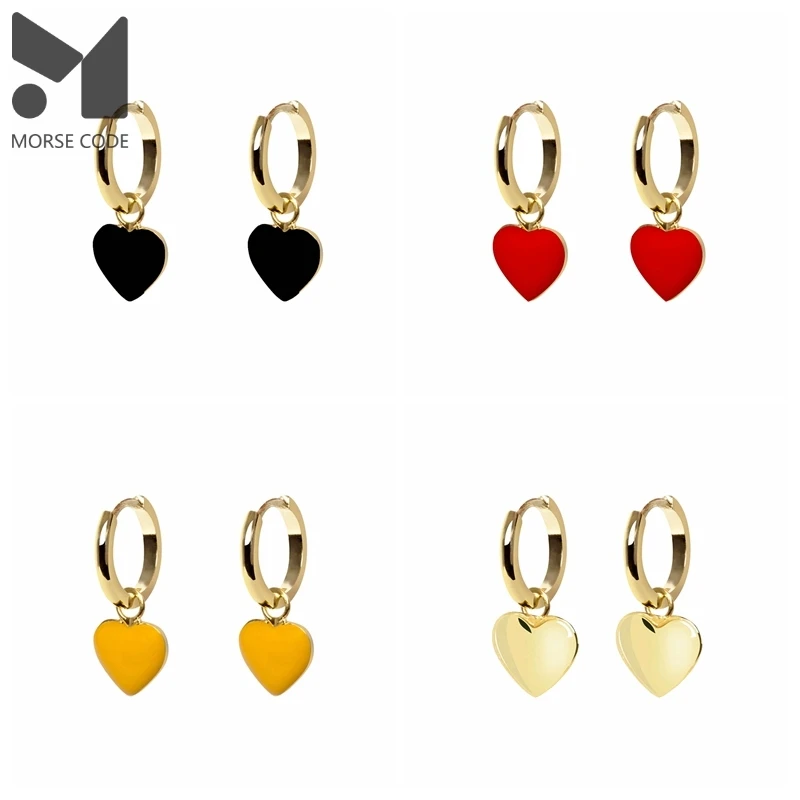 

MC 925 Sterling Silver Huggie Earrings with Enamel Black Gold Yellow Red Heart Pendants S925 Plata Women Ear Hoops Pendientes