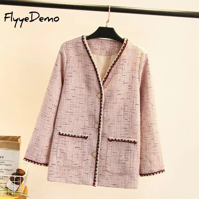 

Luxury Designer Brand Wool Blends Coat for Women Fashion Pink Gray Vintage V Neck Plaid Wide Waisted Tweed Coat Plus Size