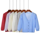 Женский короткий вязаный кардиган Queechalle, тонкий жакет из вискозы с V-образным вырезом, на пуговицах, 17 цветов, на лето