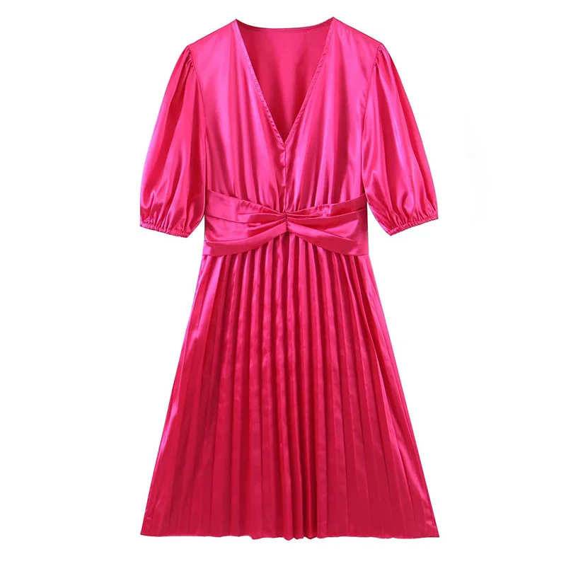 

ZXQJ Women Pleated Chiffon Midi Dress 2021 Autumn Fashion Ladies Elegant Folds Pink V-neck Solid Dress Female Short Sleeve Dress