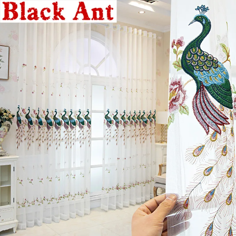 

European Embroidered Peacock Tulle Curtain For Living Room Window Screen Bedroom Kitchen Drape Panel Home Decora X-ZH411#35
