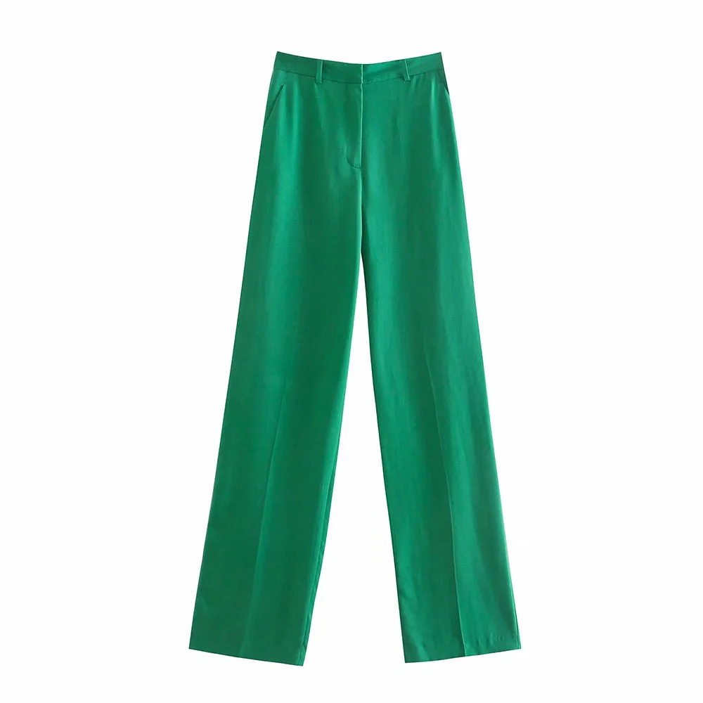 

Tide Women Nice Vogue Office Wear Side Pockets Straight Green Pants Vintage High Waist Zipper Fly Female Trousers Mujer