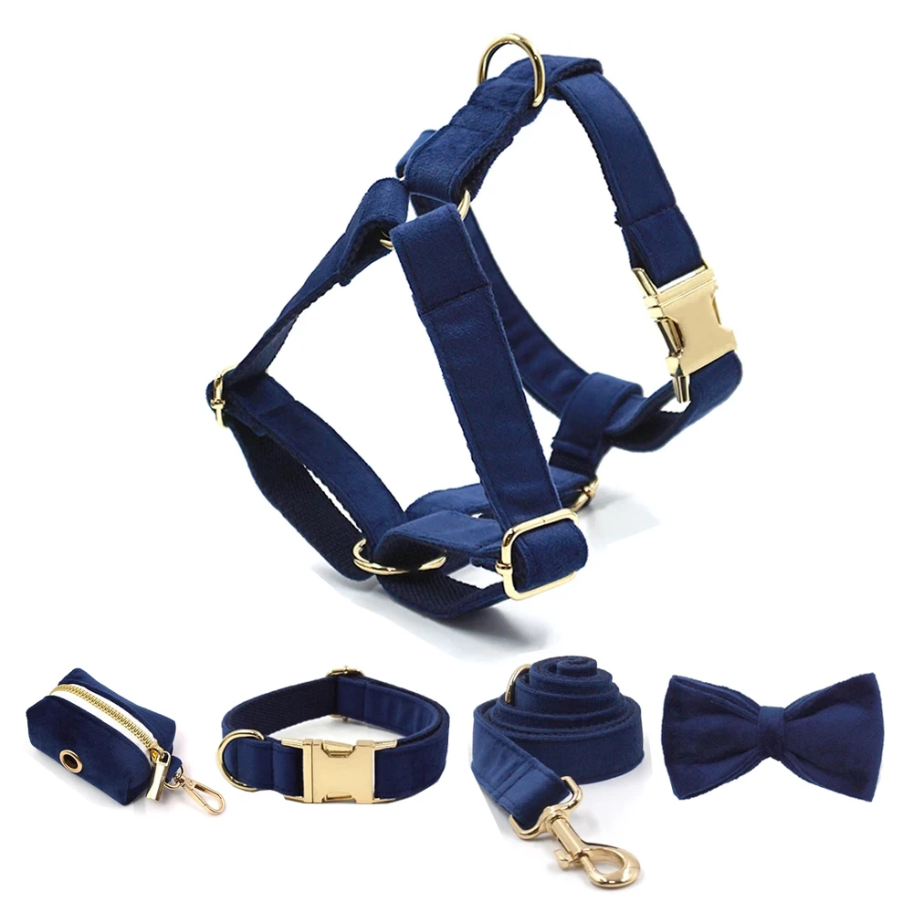 

Deep Blue Velvet Dog Harness Collar Leash Set for Medium Dogs Collar Luxury Walking Lead Pet Adjustable Engraving Name ID