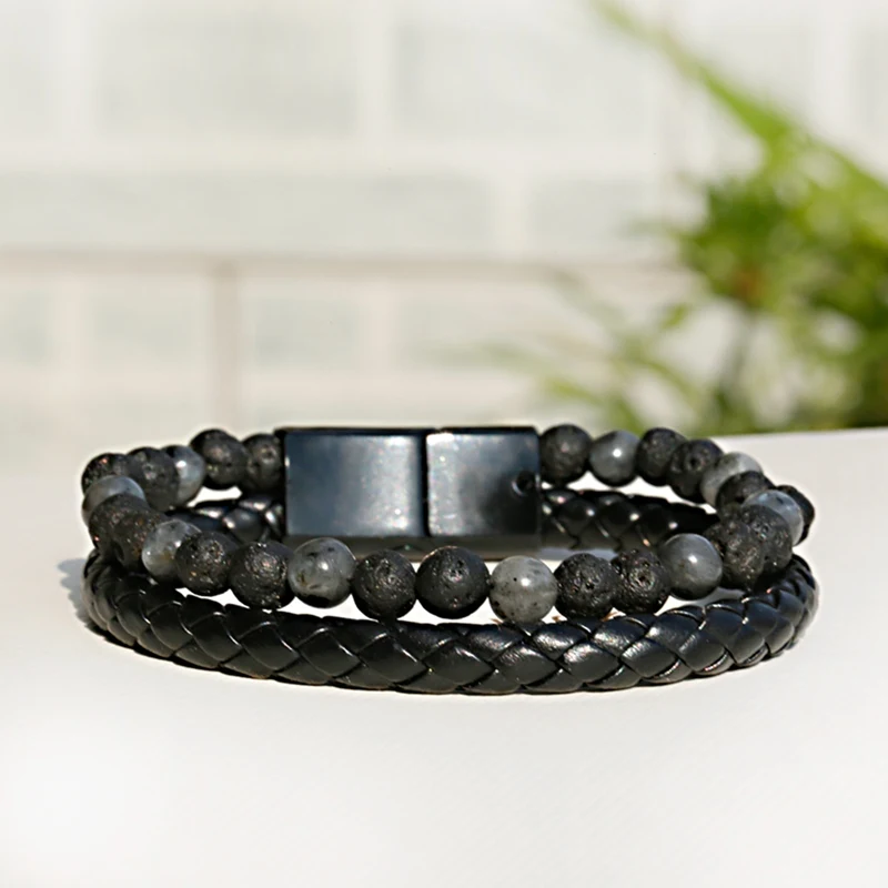 

Natural Tiger Eye Stone Beads Bracelet Men Double Layer Genuine Leather Bracelets&Bangles Hommes Magnetic Clasp Punk Jewelry