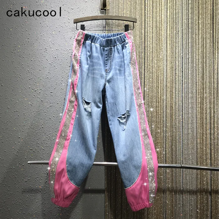 Cakucool Long Harem Denim Pants Bling Stamping Diamonds Color Patch Chic Capris Elastic Waist Holes Casual Punk Jeans Female