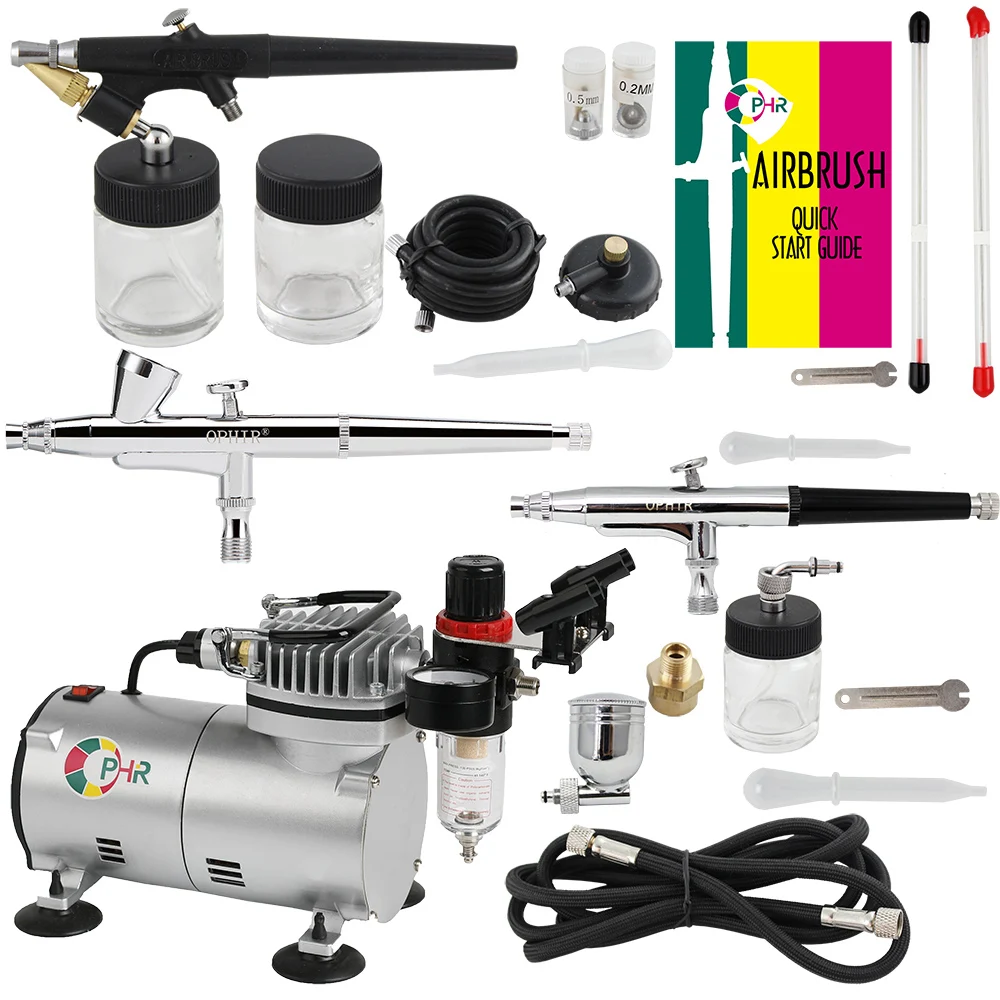 OPHIR PRO Double Action Air Brush Gun & Single-Action Airbrush Kit with Air Compressor for Nail Makeup Cake Model _AC089+071-074