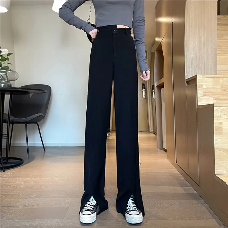 Черный цвет вид спереди разрез прямые брюки женский нерегулярные с высокой