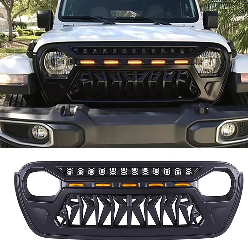 

Matte Black Front Racing Grille Bumper Upper Grille Mesh Cover With LED Light Fit For Wrangler JL & Gladiator JT 2018-2022