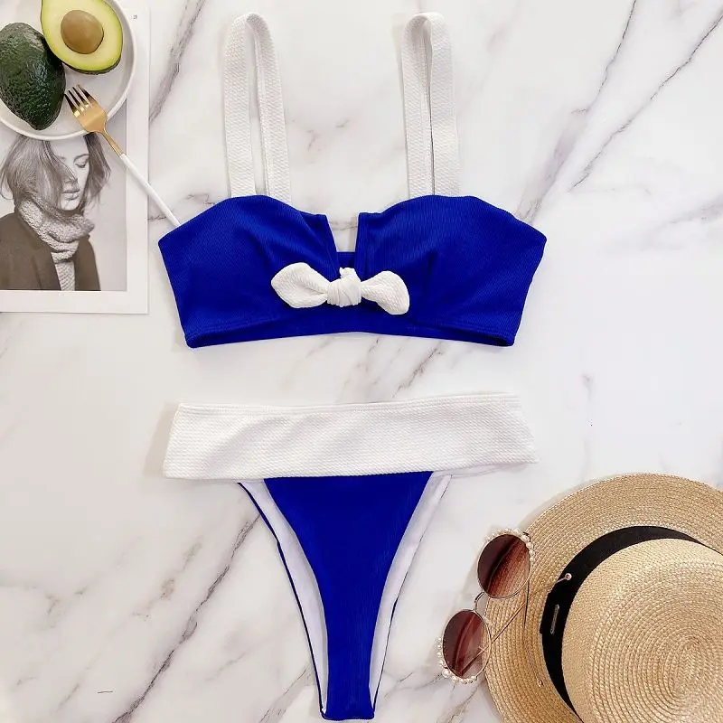 

Sexy Bandeau Push Up Bikini Set women Wide Shoulder Strap High Waist Swimwear Patchwork Bowknot Swimsuit Bathing suit Beach wear