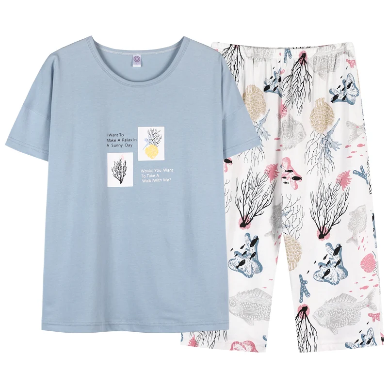 Пижама с коротким рукавом весна лето пижама из 100% хлопка круглым вырезом Женский
