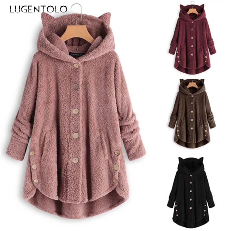 

Lugentolo милые женские толстовки с кошачьими ушками плюшевые с длинным рукавом однобортный Топ женский весенний большой размер однотонный с к...