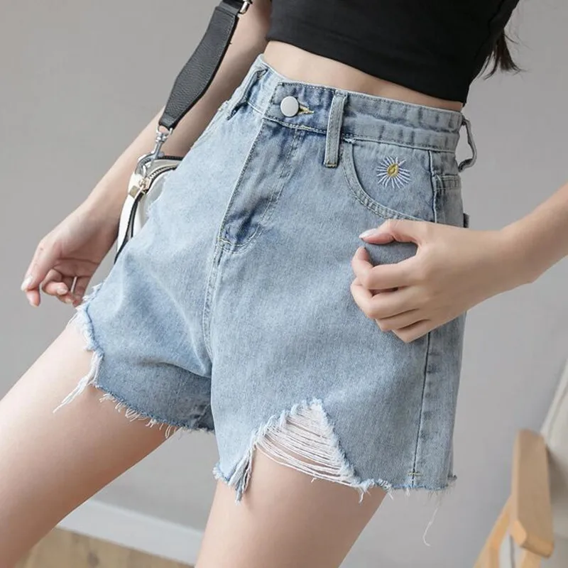 

Woman Jeans Shorts Ripped Clothes High Waisted Nice Summer Streetwear Baggy Wide Leg Vintage Vogue The Pop Blue Harajuku Pants