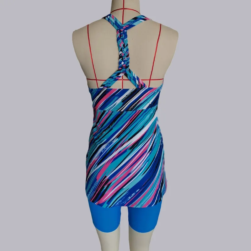 

2021 New Women Plus Size Tankini Set Push-up Striped Print Two Piece Swimsuit Conservative Summer Beach Swimwear Top+shorts