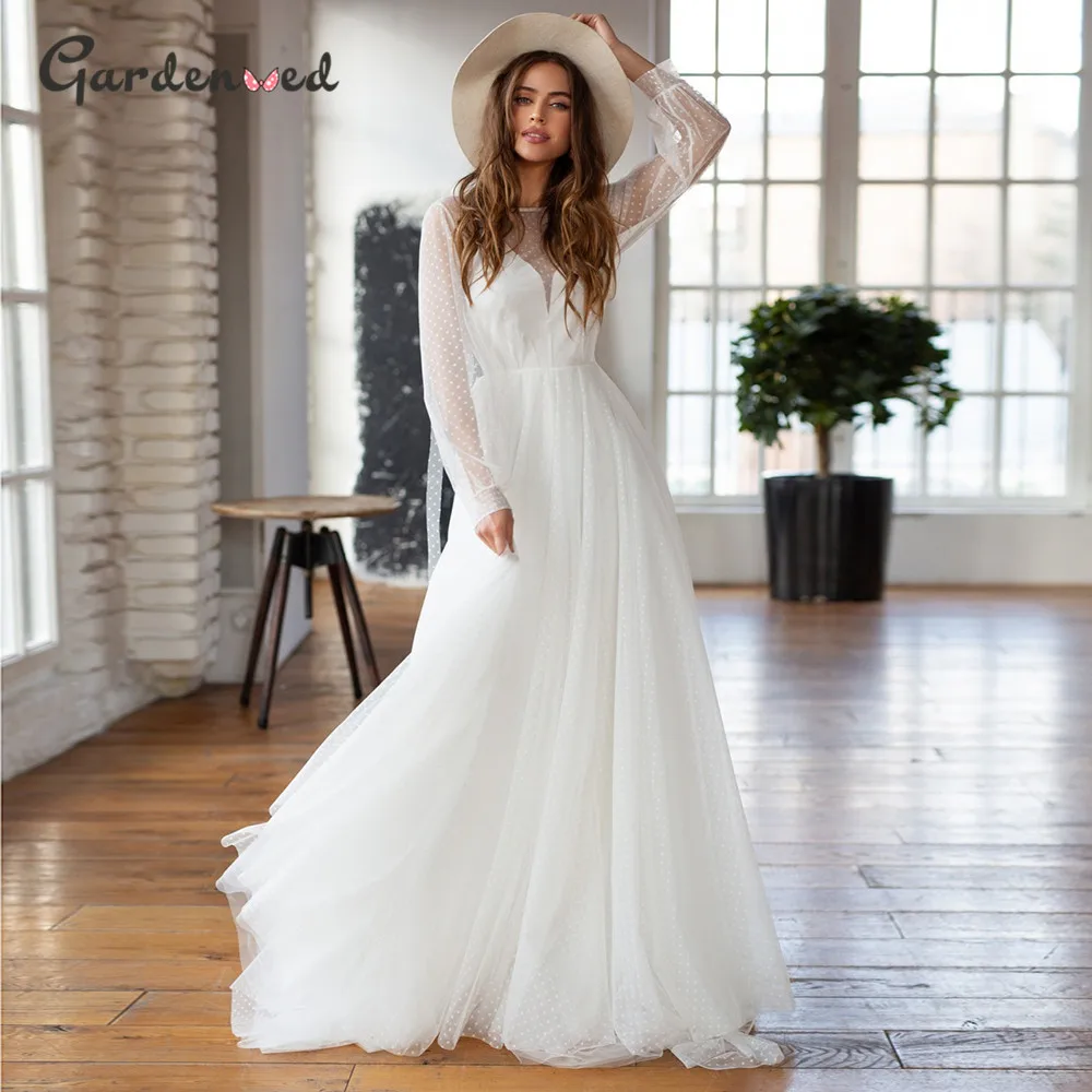 

Simple Backless Boho Wedding Dress Scoop Illusion full sleeves Bridal Dress Romantic White Beach Wedding Gowns Plus Size 2020