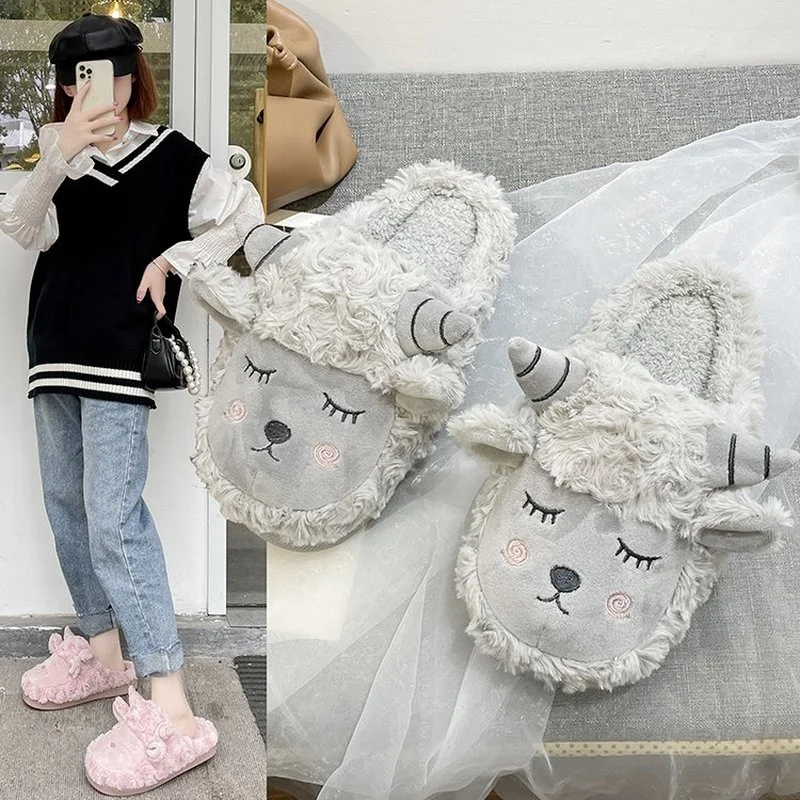 

Little sheep Baotou hairy slippers female cute plus velvet to keep warm autumn and winter 2021 home indoor cotton slippers