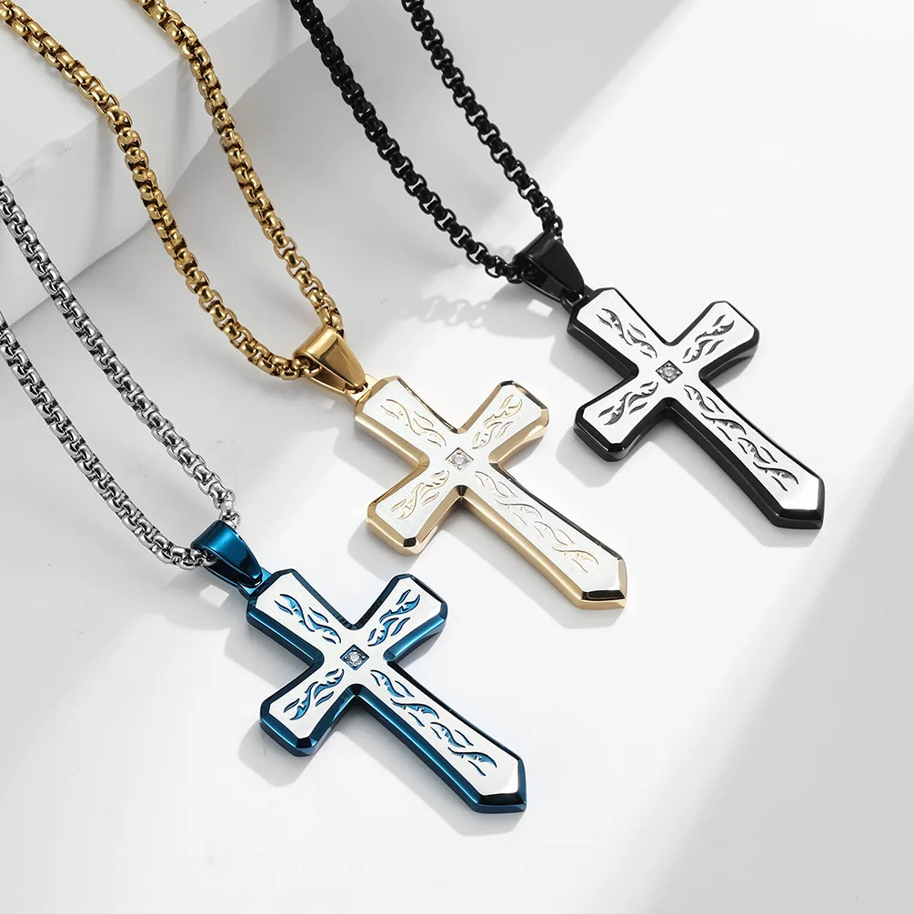 

European And American Retro Stainless Steel Creative Bevel Corrosion Tricolor Titanium Cross Pendant Men's Necklace