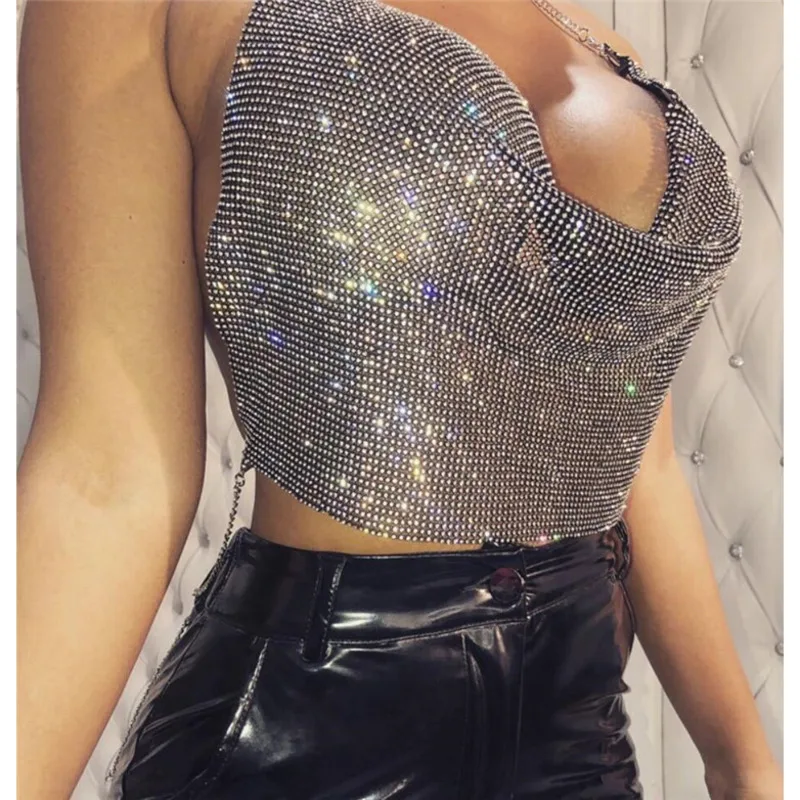 Женский укороченный топ с бриллиантами весенний однотонный жилет перфорацией