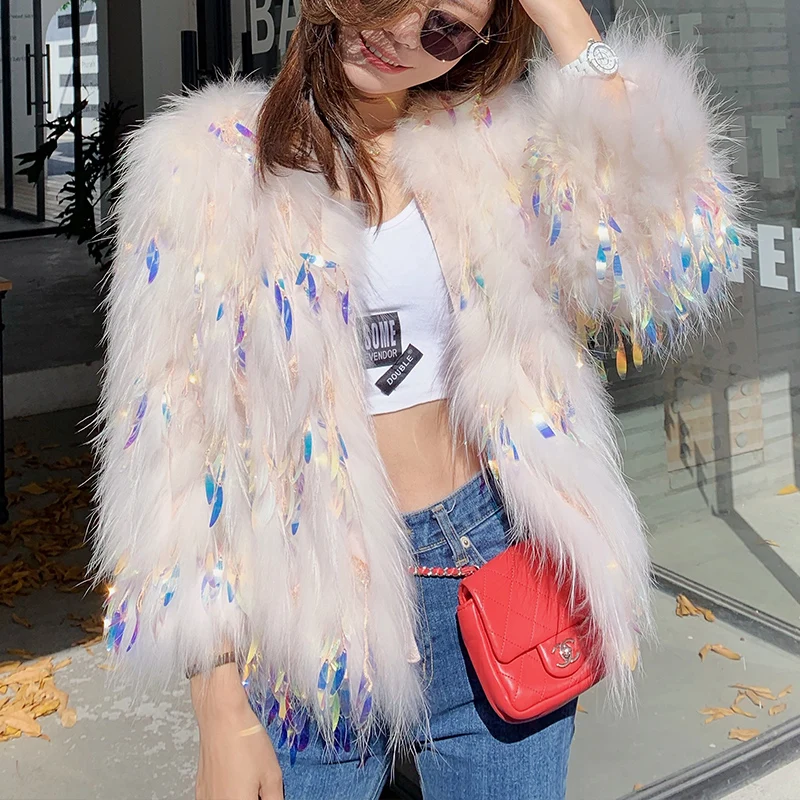 RosEvans Winter Personality Sequin Fashion Women Real Fur Jacket Net Red Coat Female White Raccoon Fur Strip Tassel Jacket 2020