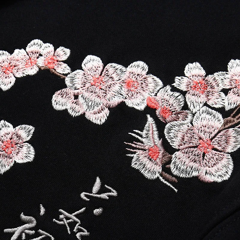 

2021 Men Hip Hop Hooded SweatShirt Harajuku Embroidery Crane Peach Blossom Kanji Hoodie Cotton Casual Floral Streetwear M-5XL