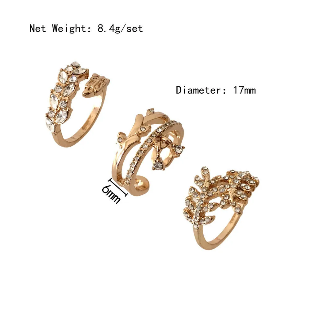 

New Fashion 3Pcs/Set Luxury Rings Gold Color Clear Glass Decorated Anniversary Bridal Party Wedding Jewelry Accessories