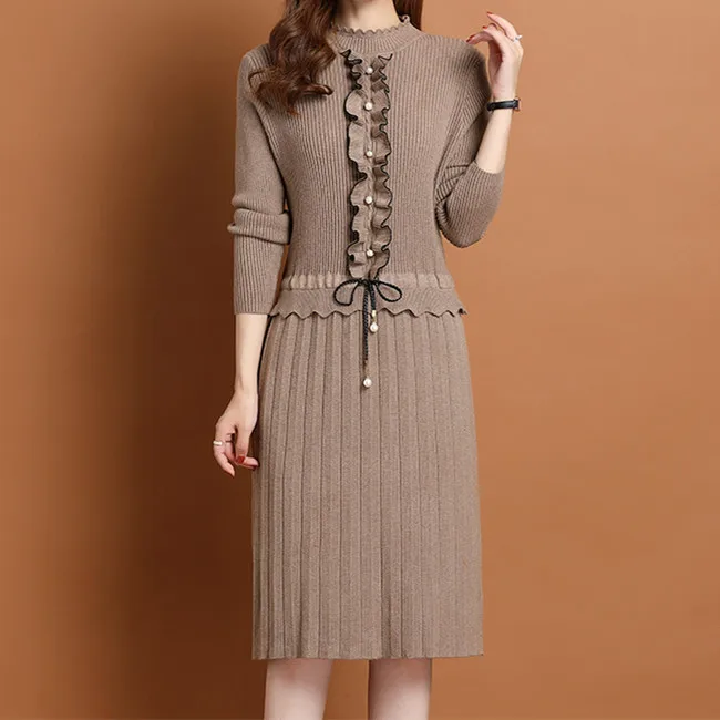 

Женское трикотажное платье-свитер, винтажное Однотонное Платье макси с длинным рукавом и завышенной талией, Осень-зима