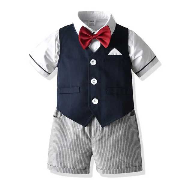 

Toddler Boy Shirt Vest Overalls Bow With Pocket Vertical Stripe Loose Leisure Gentleman Infant Summer Short Sleeve Clothing Suit